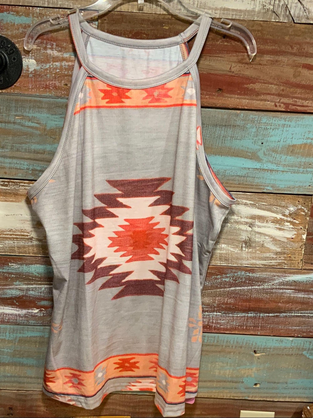 Sleeveless Tribal Print High-Neck Tank Top - Gray with Coral Accents